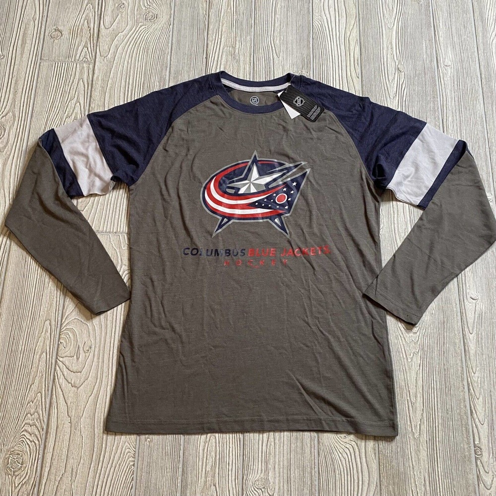 NHL Columbus Blue Jackets Logo LS Raglan Tee Men’s M Blue Gray New